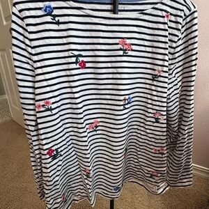 Talbots Navy and White Striped Floral Long Sleeve Tee